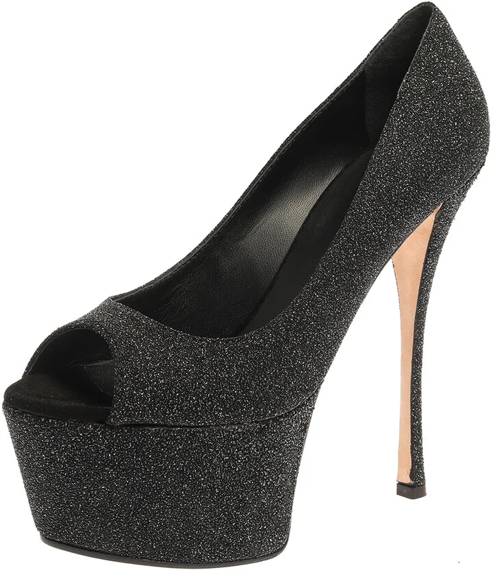 Giuseppe Zanotti Black Glittered Suede Open Toe Platform Pumps Size 39