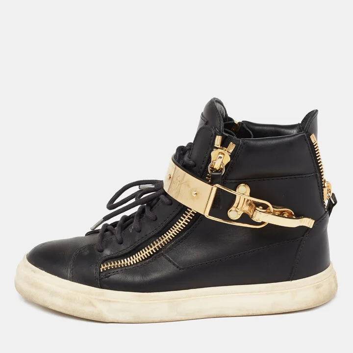 Giuseppe Zanotti Black/Gold Leather Coby High Top Sneakers Size 37