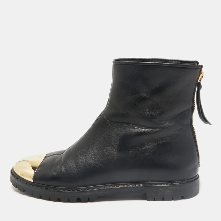 Giuseppe Zanotti Black/Gold Leather Metal Cap Toe Ankle Length Boots Size 38