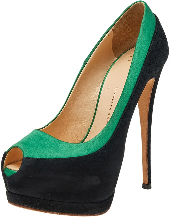 Giuseppe Zanotti Black/Green Satin and Suede Peep Toe Platform Pumps Size 36