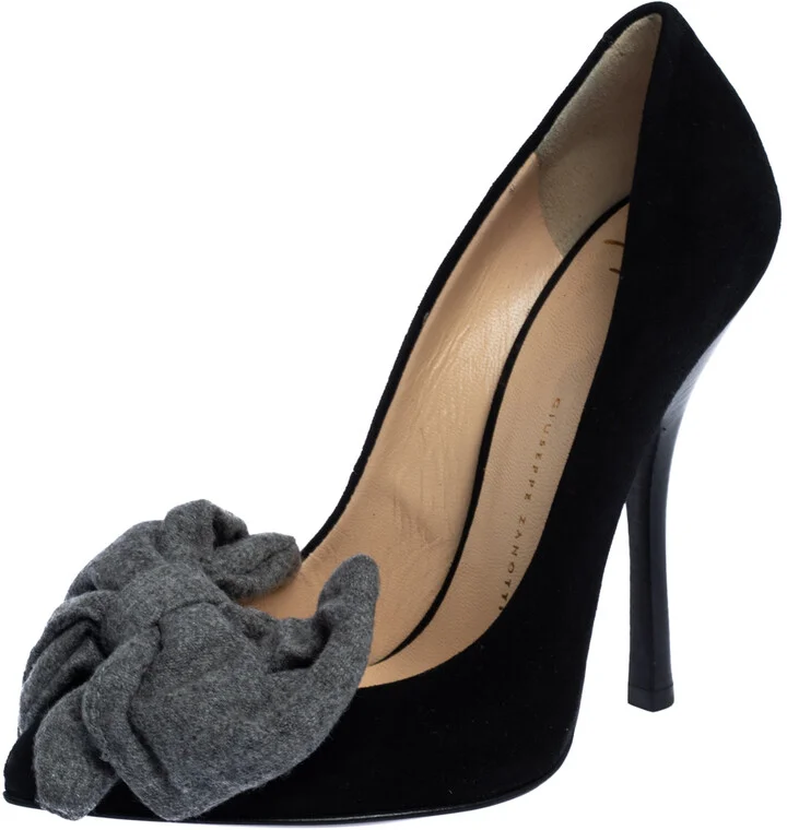 Giuseppe Zanotti Black/Grey Suede and Fabric Bow Pointed Toe Pumps Size 36