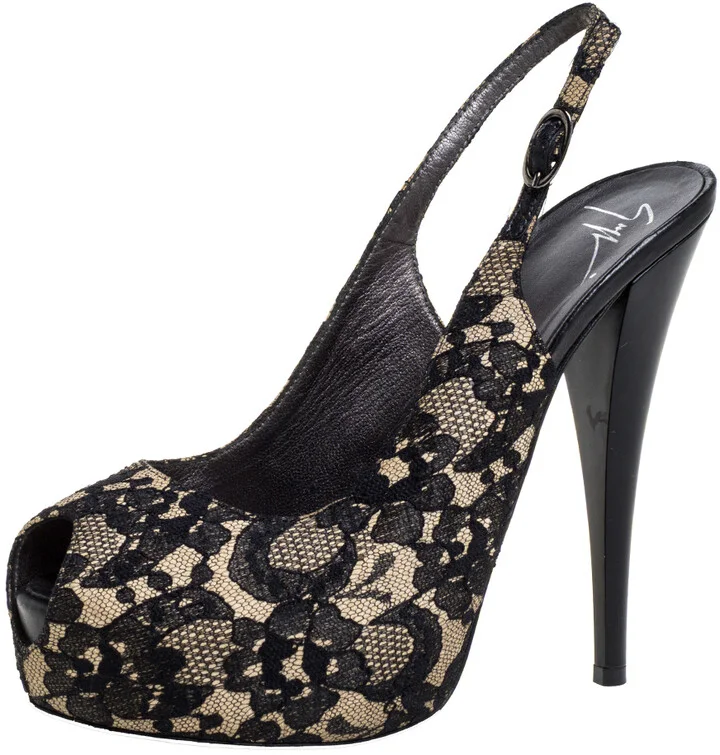 Giuseppe Zanotti Black Lace Peep Toe Slingback Sandals Size 38