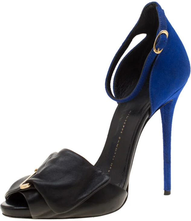 Giuseppe Zanotti Black Leather And Blue Suede Safety Pin Ankle Strap Sandals Size 37
