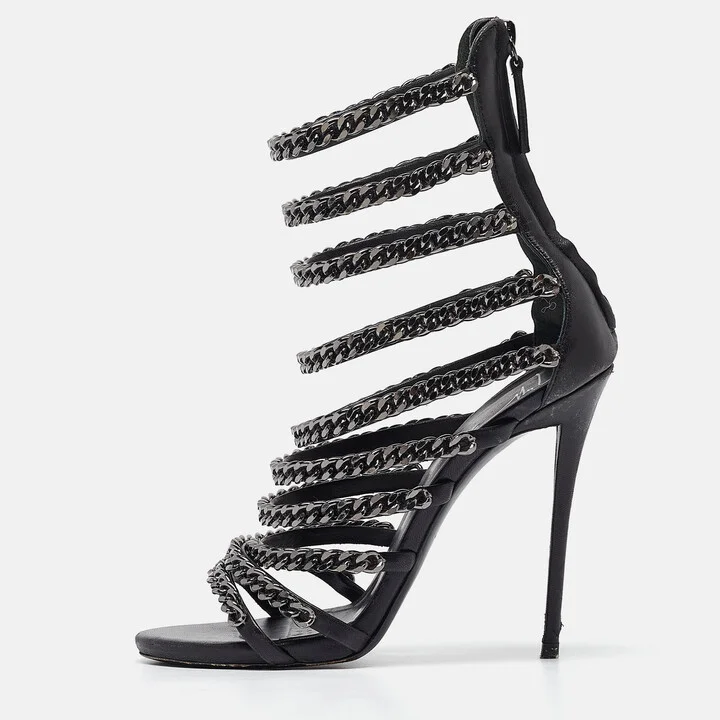 Giuseppe Zanotti Black Leather and Chain Strappy Sandals Size 37.5