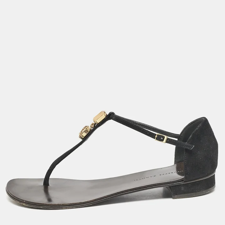 Giuseppe Zanotti Black Leather and Suede Crystal Embellished Flat Sandals Size 37