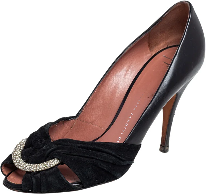 Giuseppe Zanotti Black Leather and Suede Crystal Embellished Peep Toe Pumps Size 37.5
