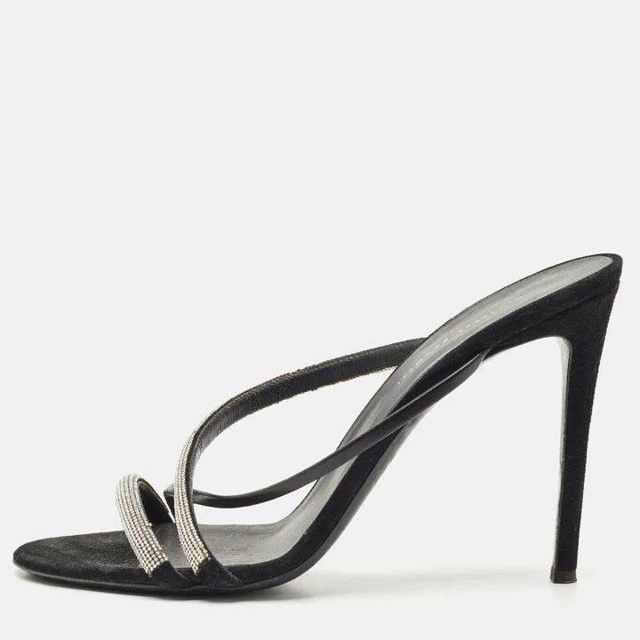 Giuseppe Zanotti Black Leather and Suede Crystal Embellished Slide Sandals Size 40