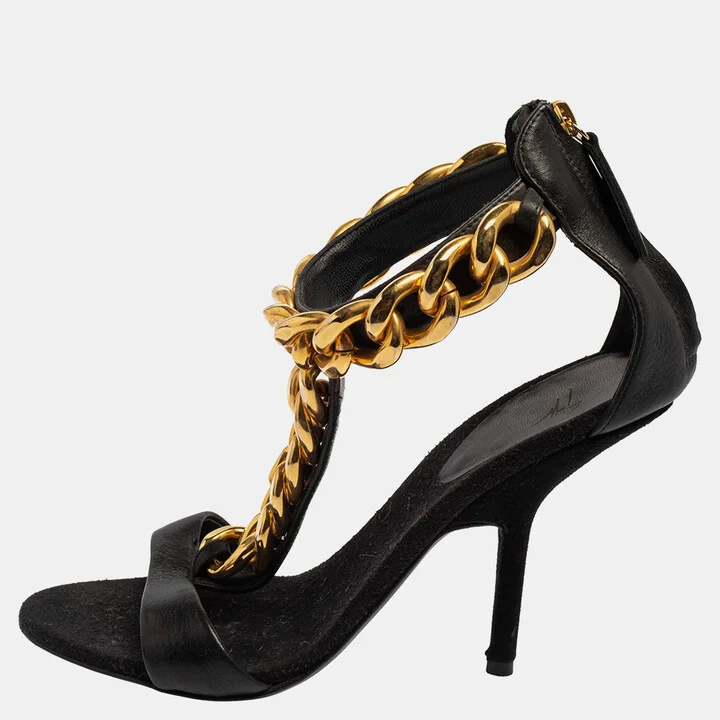 Giuseppe Zanotti Black Leather Chain Detail T Strap Sandals Size 38.5