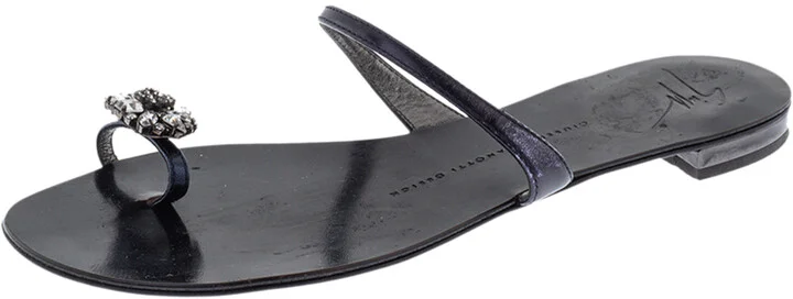 Giuseppe Zanotti Black Leather Crystal Embellished Toe Ring Flats Size 38