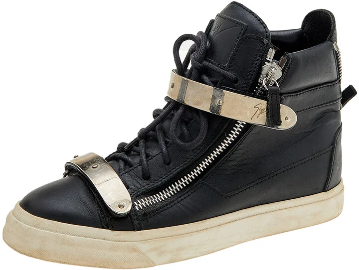 Giuseppe Zanotti Black Leather Double Chain High Top Sneakers Size 38