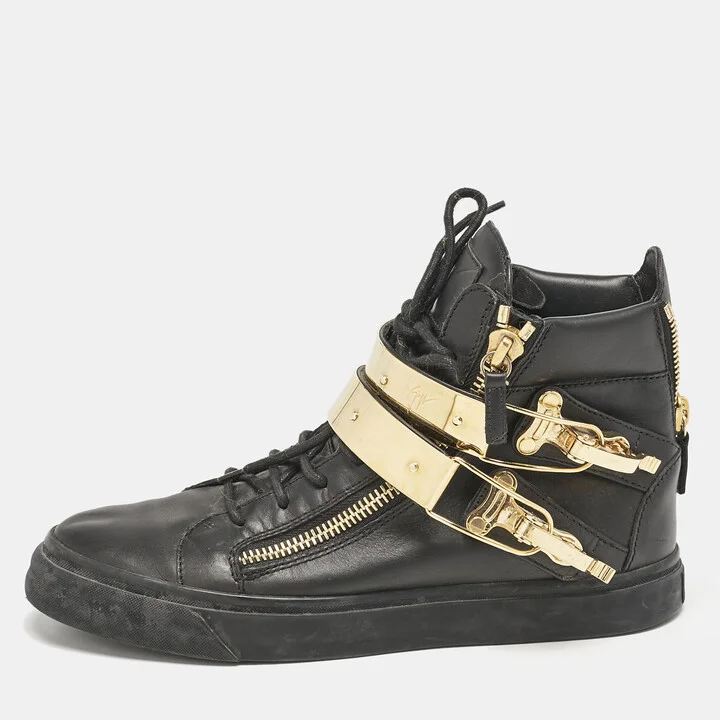 Giuseppe Zanotti Black Leather Double Metal Strap High-Top Sneakers Size 40