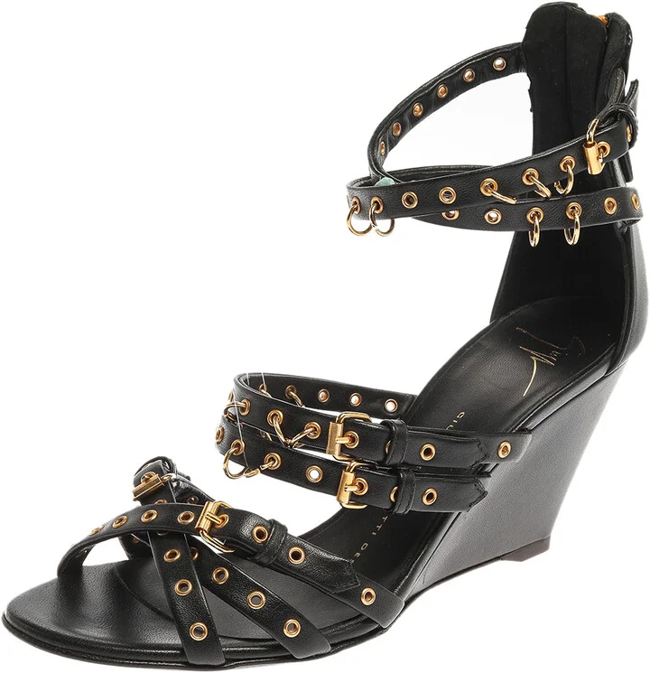 Giuseppe Zanotti Black Leather Eyelet Ankle Strap Wedge Sandals Size 36