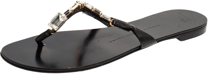 Giuseppe Zanotti Black Leather Jewel Embellished Thong Flat Sandals Size 38