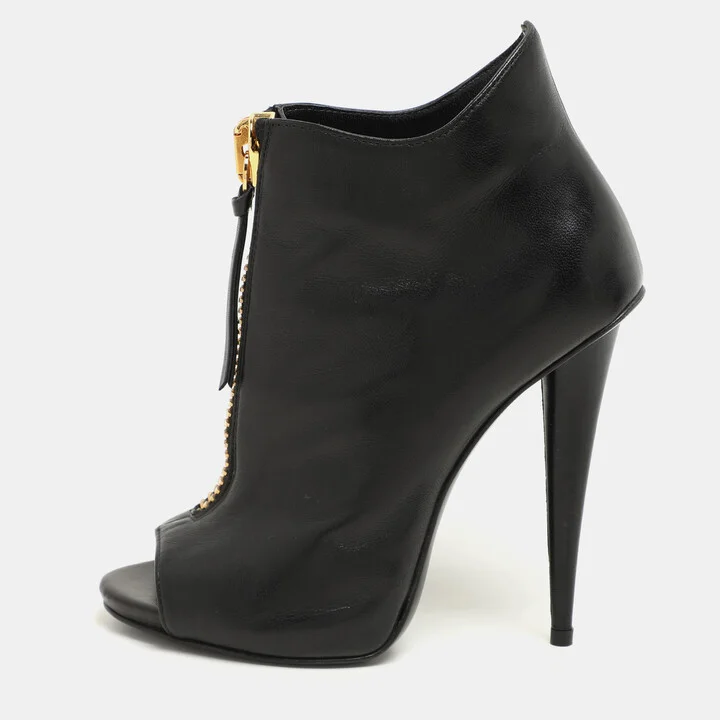 Giuseppe Zanotti Black Leather Peep Toe Ankle Booties Size 36.5