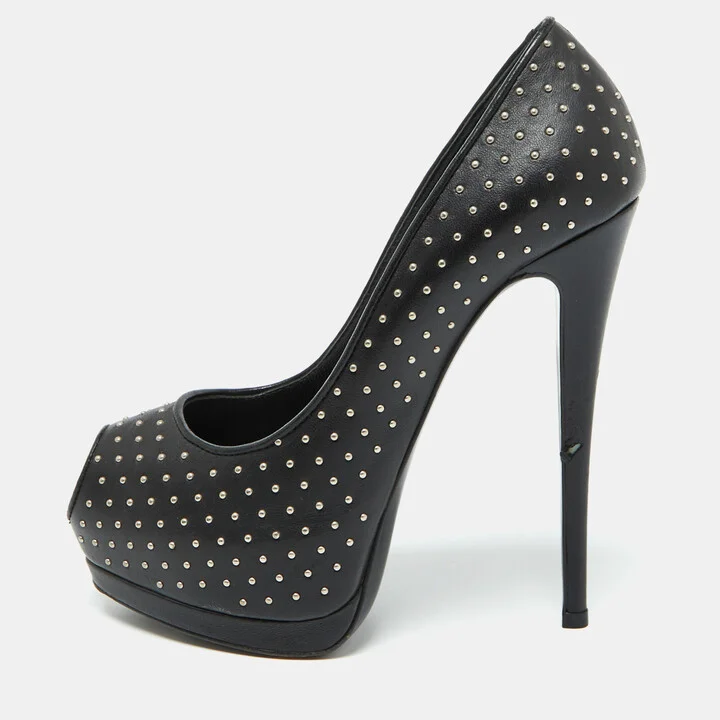 Giuseppe Zanotti Black Leather Studded Peep Toe Platform Pumps Size 37