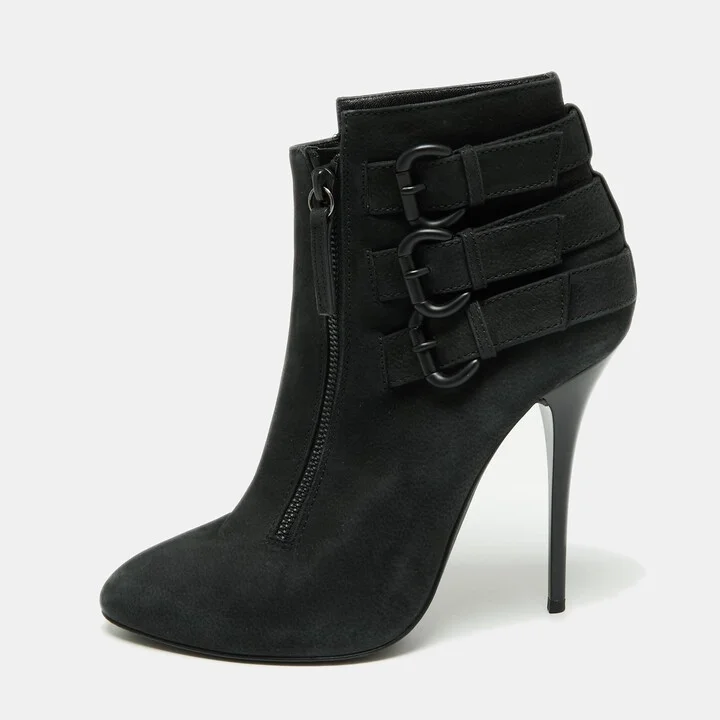 Giuseppe Zanotti Black Nubuck Buckle Ankle Boots Size 38.5