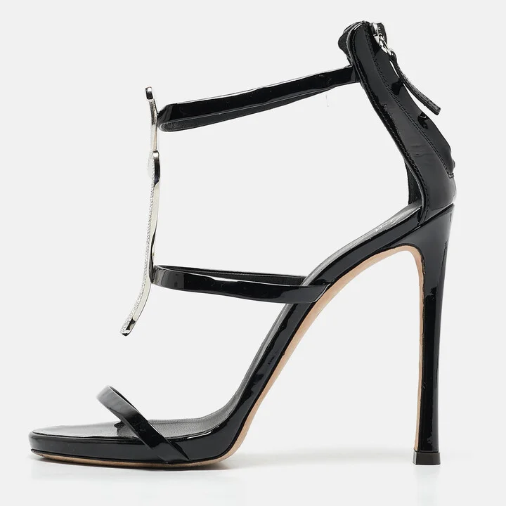 Giuseppe Zanotti Black Patent Leather Crystal Embellished Harmony G Sandals Size 38