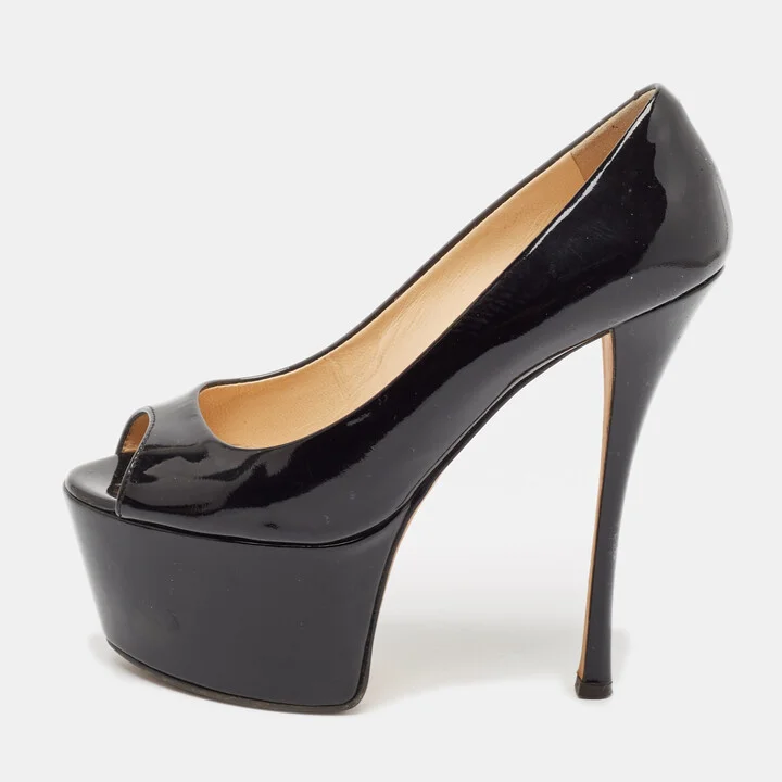 Giuseppe Zanotti Black Patent Leather Liza Peep-Toe Platform Pumps Size 38.5