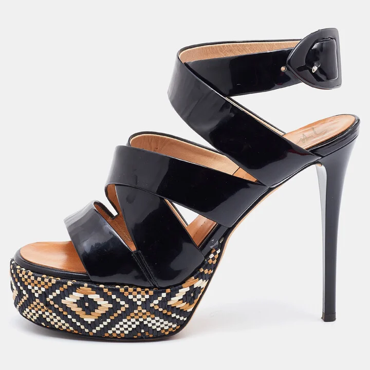 Giuseppe Zanotti Black Patent Leather Woven Platform Ankle Strap Sandals Size 37