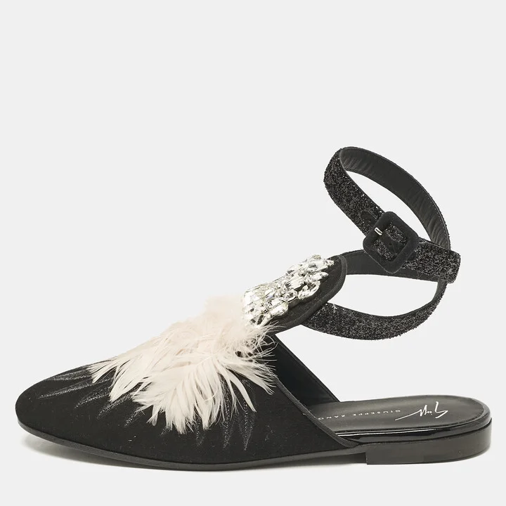Giuseppe Zanotti Black/Pink Feather and Suede Ankle Strap Mules Size 38