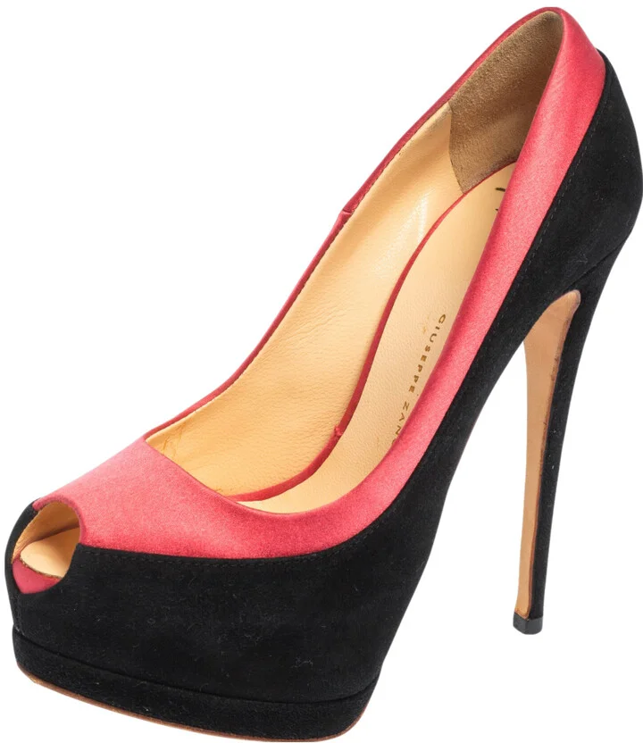 Giuseppe Zanotti Black/Pink Suede and Satin Peep Toe Platform Pumps Size 36