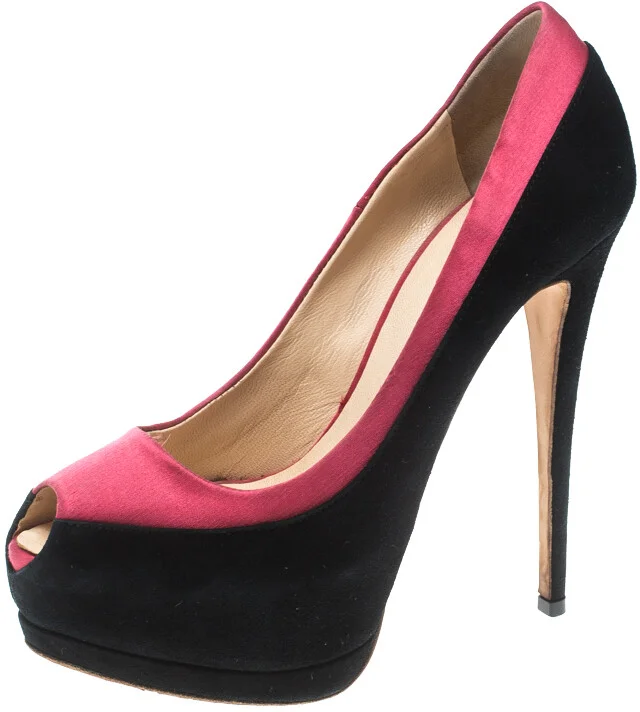 Giuseppe Zanotti Black/Pink Suede and Satin Peep Toe Platform Pumps Size 38