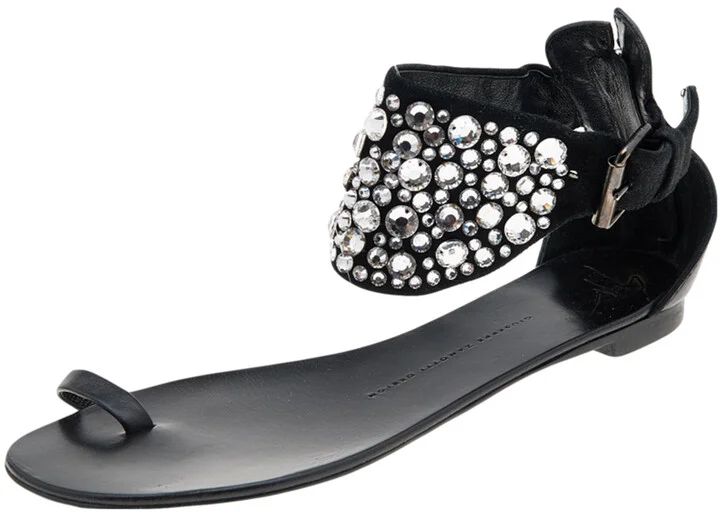 Giuseppe Zanotti Black Satin And Leather Embellished Ankle Wrap Flat Sandals Size 37