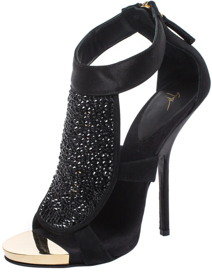 Giuseppe Zanotti Black Satin and Suede Crystal Embellished Ankle Strap Sandals Size 38