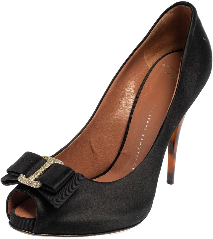 Giuseppe Zanotti Black Satin Bow Embellished Peep Toe Pumps Size 38.5