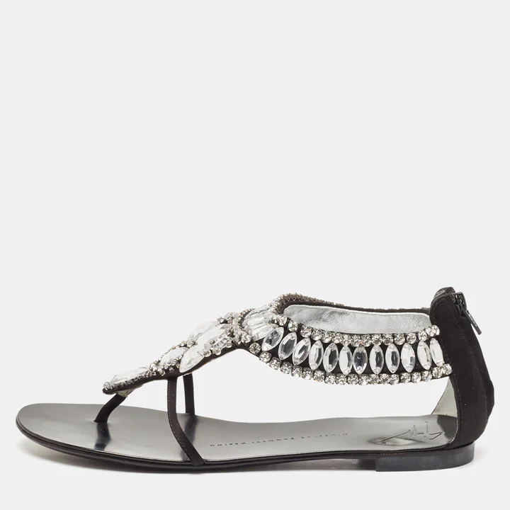 Giuseppe Zanotti Black Satin Crystal Embellished Ankle Strap Flat Sandals Size 36.5