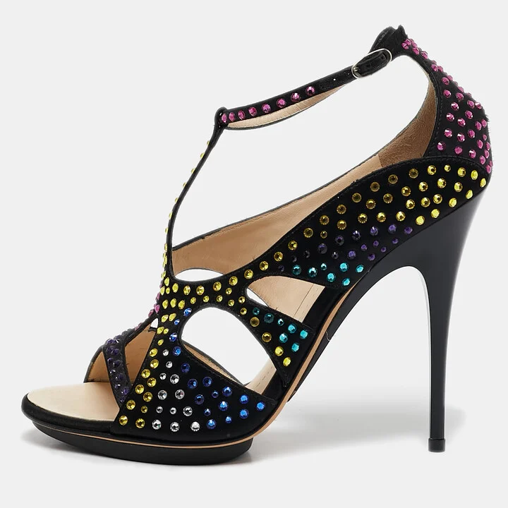 Giuseppe Zanotti Black Satin Crystal Embellished Strappy Sandals Size 39