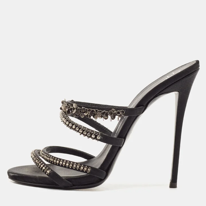 Giuseppe Zanotti Black Satin Embellished Slide Sandals Size 39