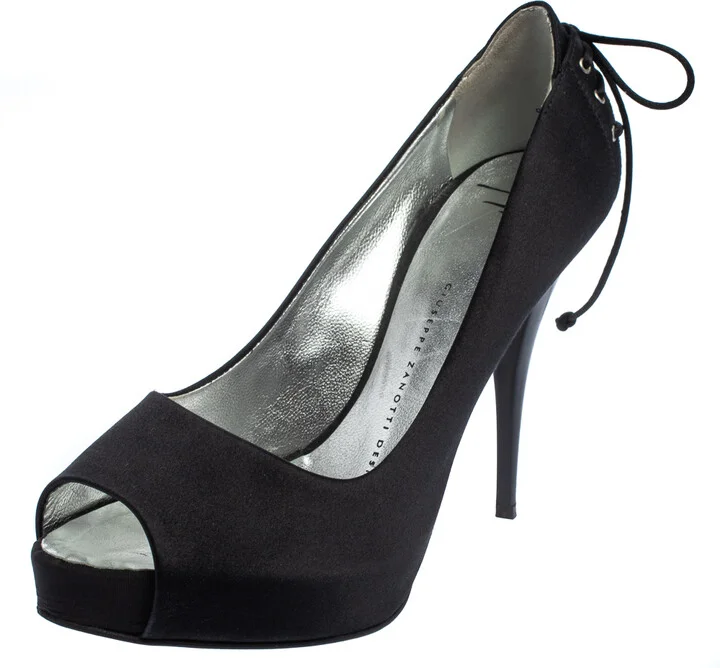 Giuseppe Zanotti Black Satin Peep Toe Knot Detailed Pumps Size 36.5