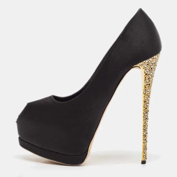 Giuseppe Zanotti Black Satin Platform Peep Toe Pumps Size 38.5