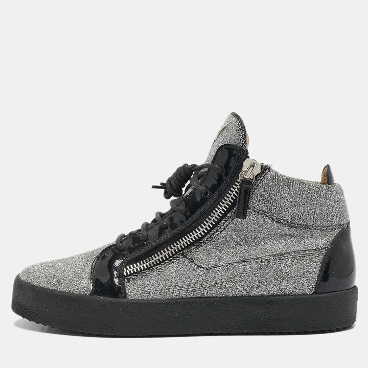 Giuseppe Zanotti Black/Silver Glitter Fabric and Leather Coby High Top Sneakers Size 40