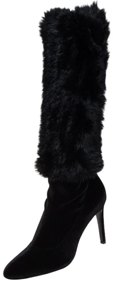 Giuseppe Zanotti Black Stretch Fabric And Fur Bimba Knee High Boots Size 40