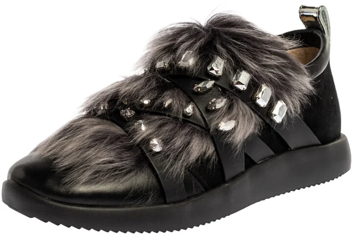 Giuseppe Zanotti Black Suede and Fur Christie Crystal Embellished Slip On Sneakers Size 39