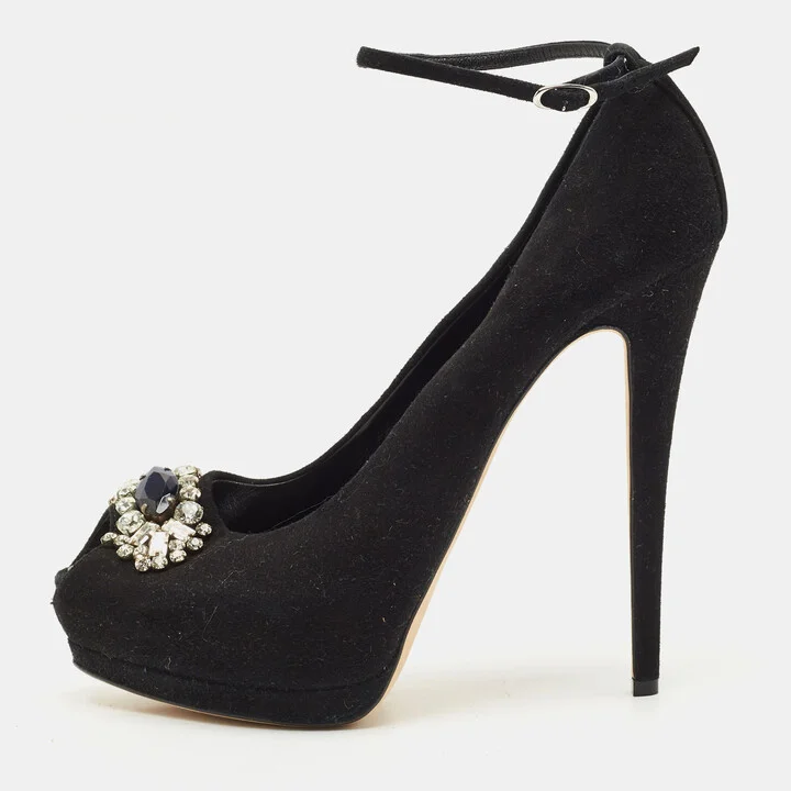 Giuseppe Zanotti Black Suede Crystal Embellished Ankle Strap Peep Toe Platform Pumps Size 39.5
