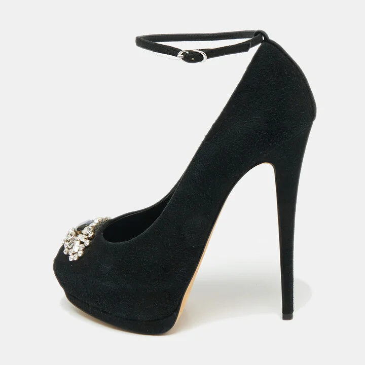 Giuseppe Zanotti Black Suede Crystal Embellished Ankle Strap Peep Toe Platform Pumps Size 40.5