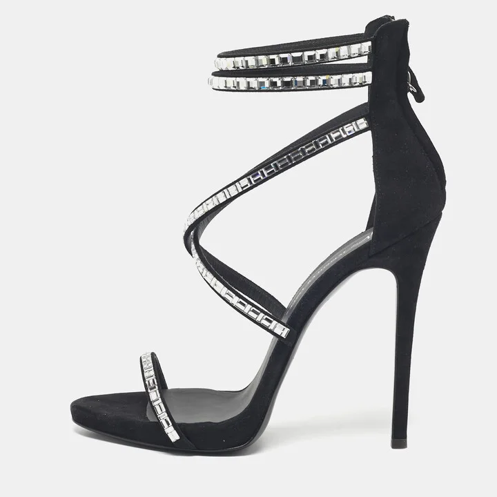 Giuseppe Zanotti Black Suede Crystal Embellished Ankle Strap Sandals Size 38