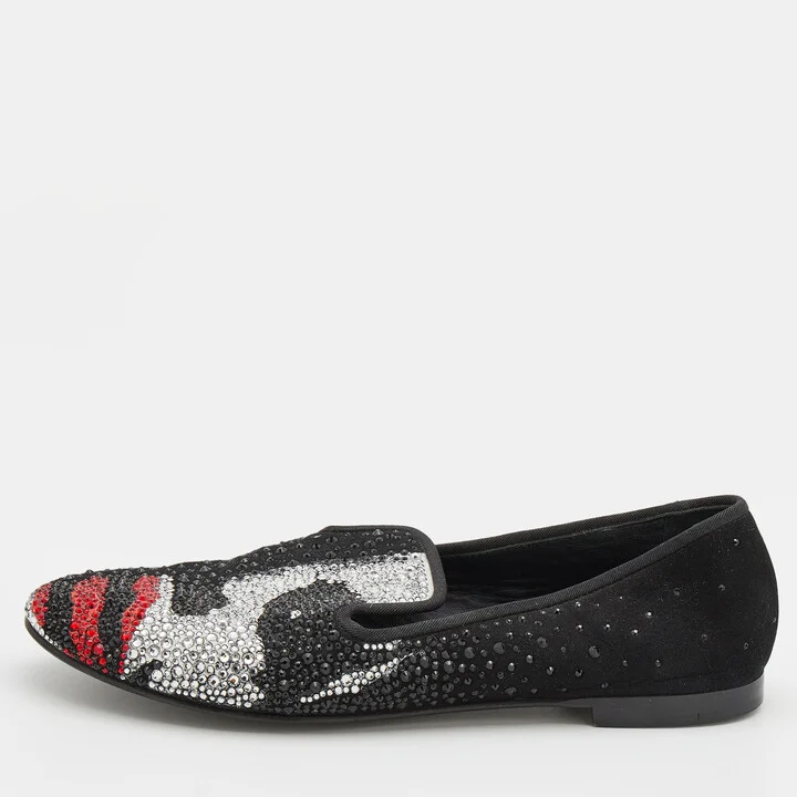 Giuseppe Zanotti Black Suede Crystal Embellished Joker Smoking Slippers Size 37