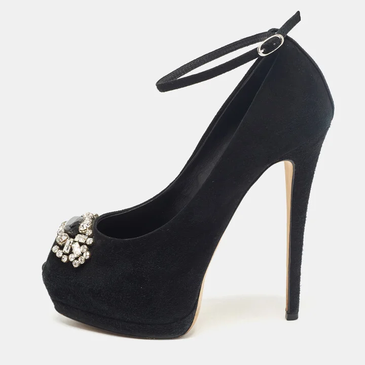 Giuseppe Zanotti Black Suede Crystal Embellished Peep Toe Pumps Size 37