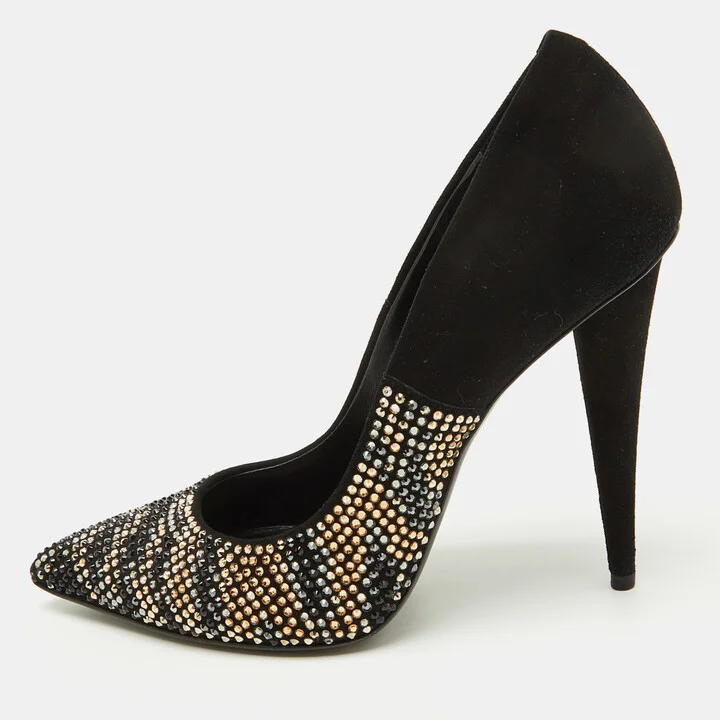 Giuseppe Zanotti Black Suede Crystal Embellished Pointed Toe Pumps Size 38