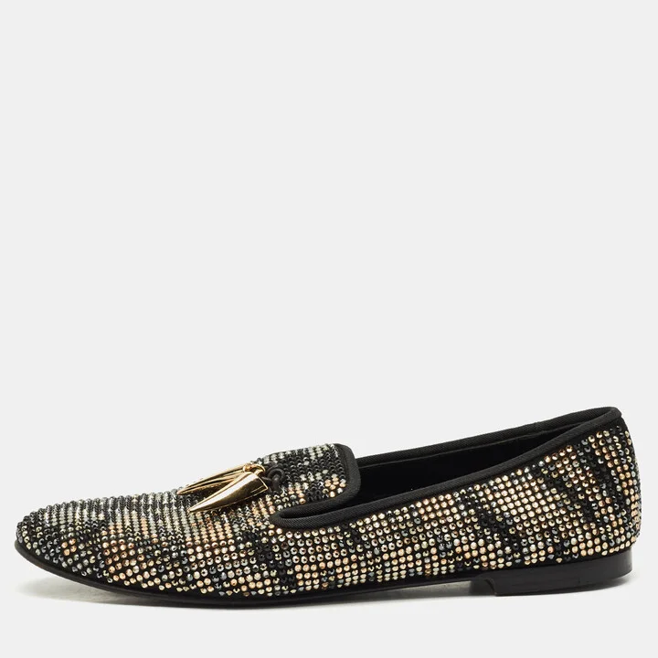 Giuseppe Zanotti Black Suede Crystal Embellished Shark Tooth Smoking Slippers Size 38.5