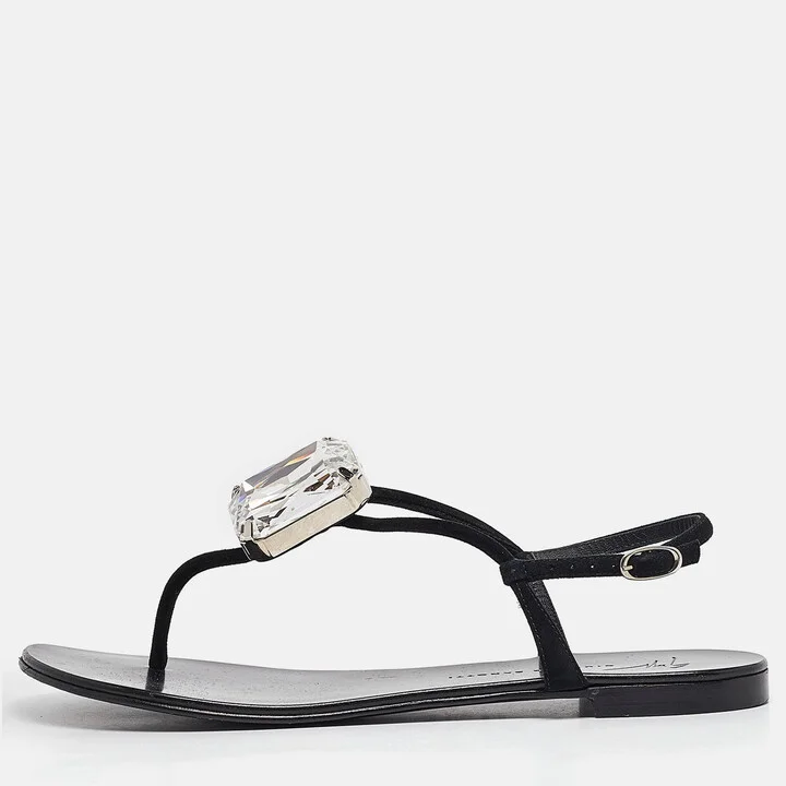 Giuseppe Zanotti Black Suede Crystal Embellished Slingback Sandals Size 38.5