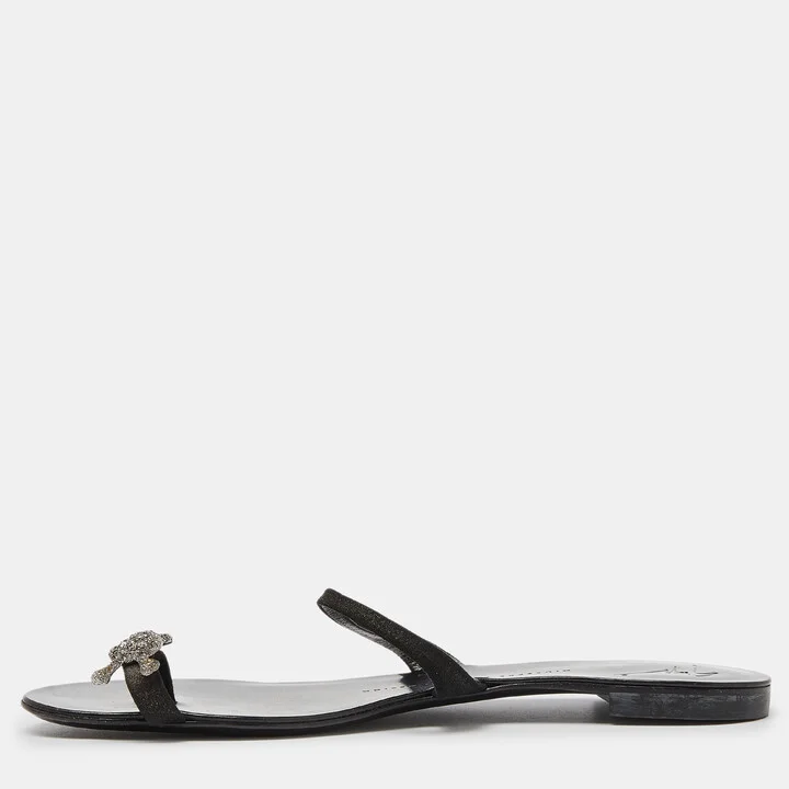 Giuseppe Zanotti Black Suede Crystal Skull Toe Ring Sandals Size 38