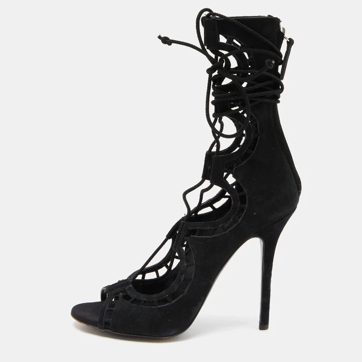 Giuseppe Zanotti Black Suede Cut Out Strappy High Peep Toe Sandals Size 38.5
