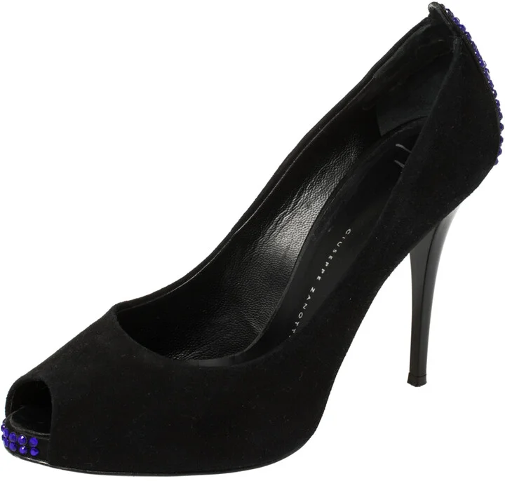 Giuseppe Zanotti Black Suede Embellished Peep Toe Pumps Size 37.5