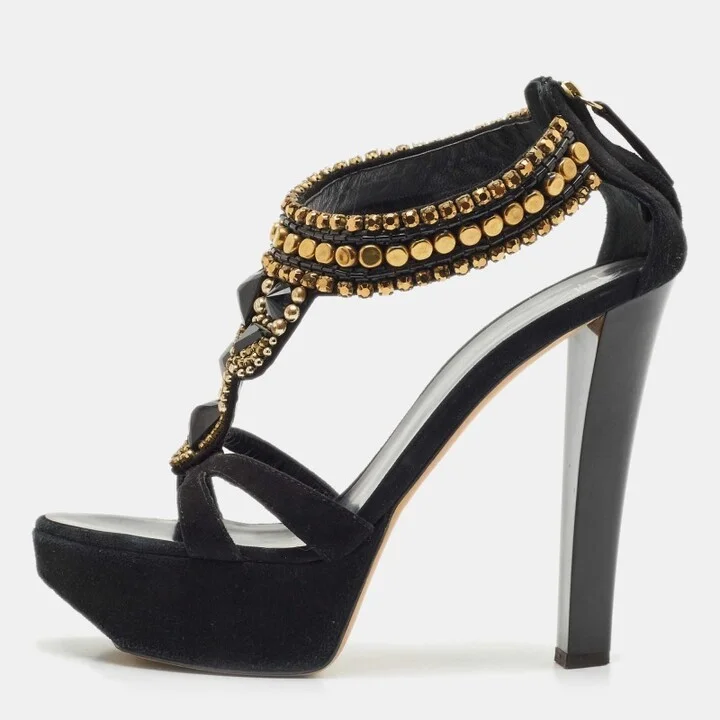 Giuseppe Zanotti Black Suede Embellished Platform Sandals Size 39