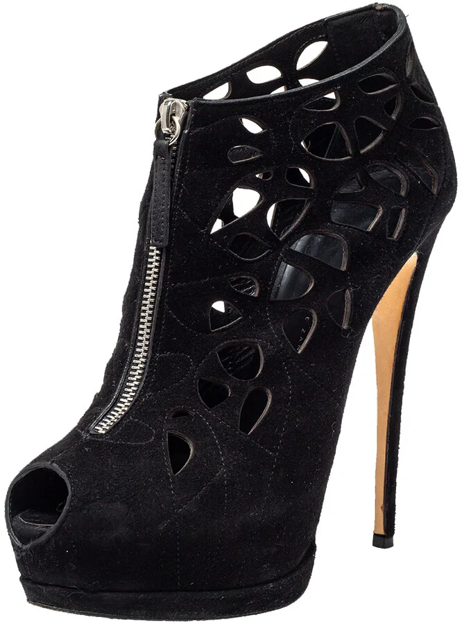 Giuseppe Zanotti Black Suede Peep Toe Front Zipper Detail Ankle Boots Size 40